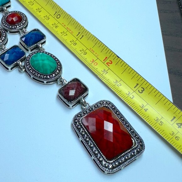 Silver Tone Statement Necklace Faceted Multicoloured Plastic Stones 20 inches - Picture 9 of 9